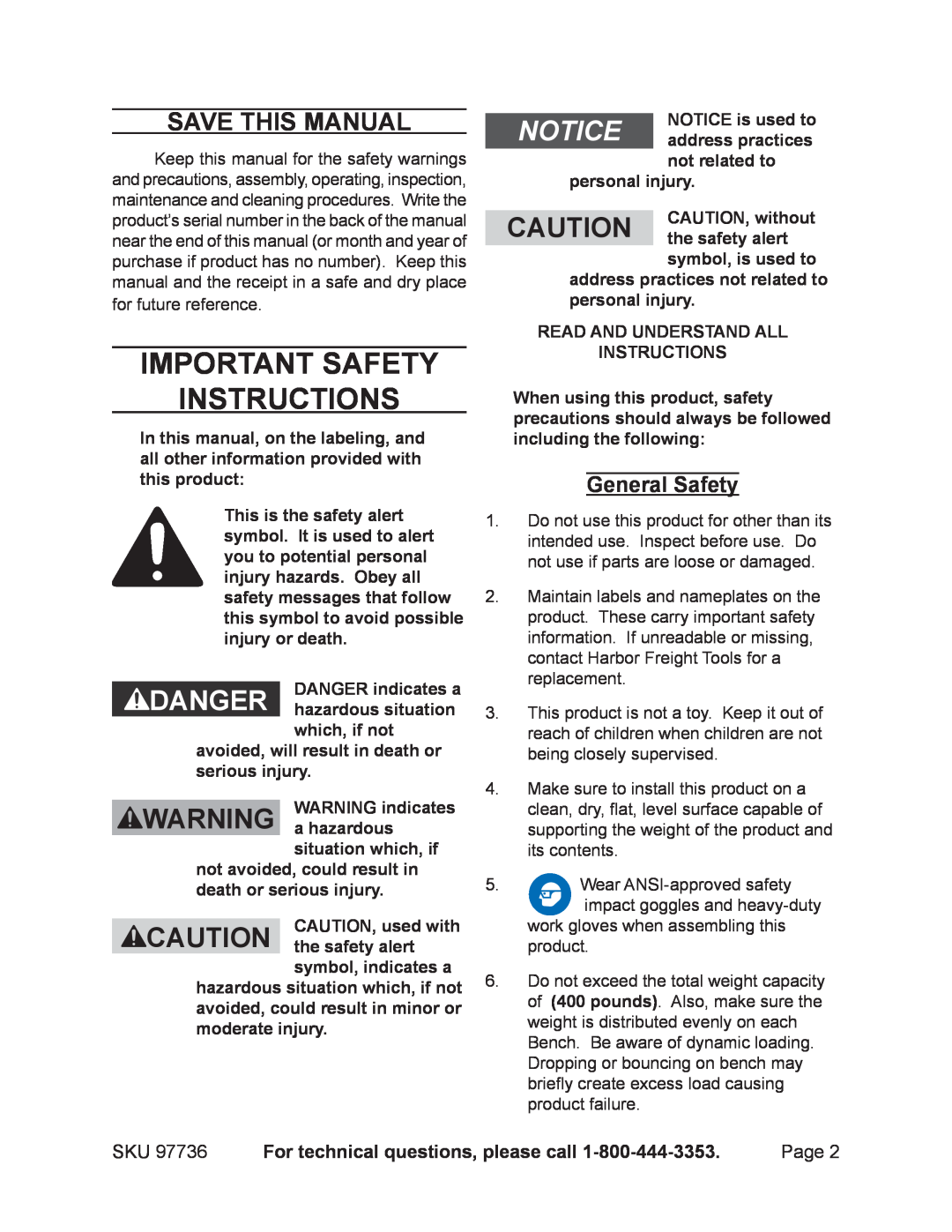Harbor Freight Tools 97736 Important Safety Instructions, Save This Manual, For technical questions, please call, Danger 