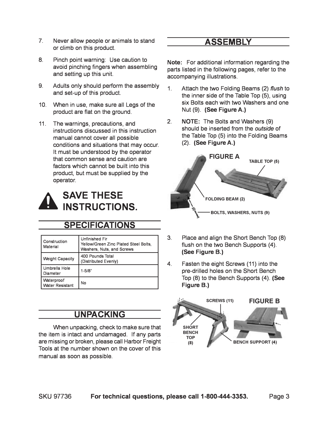 Harbor Freight Tools 97736 manual Save these instructions, Specifications, Unpacking, Assembly, Figure A 