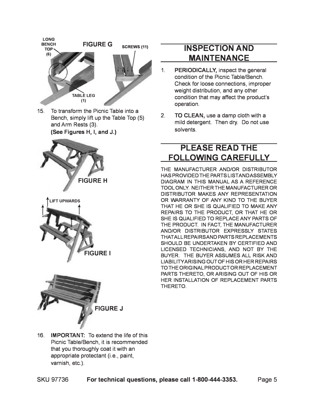 Harbor Freight Tools 97736 manual INSPECTION and MAINTENANCE, Please Read The Following Carefully, Figure H, Figure J 