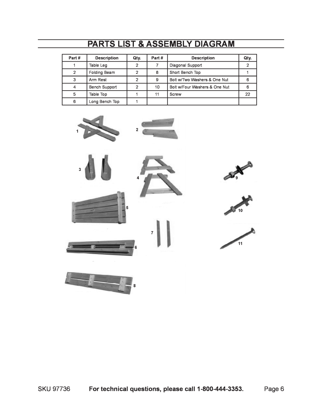 Harbor Freight Tools 97736 manual Parts List & Assembly Diagram, For technical questions, please call, Description 