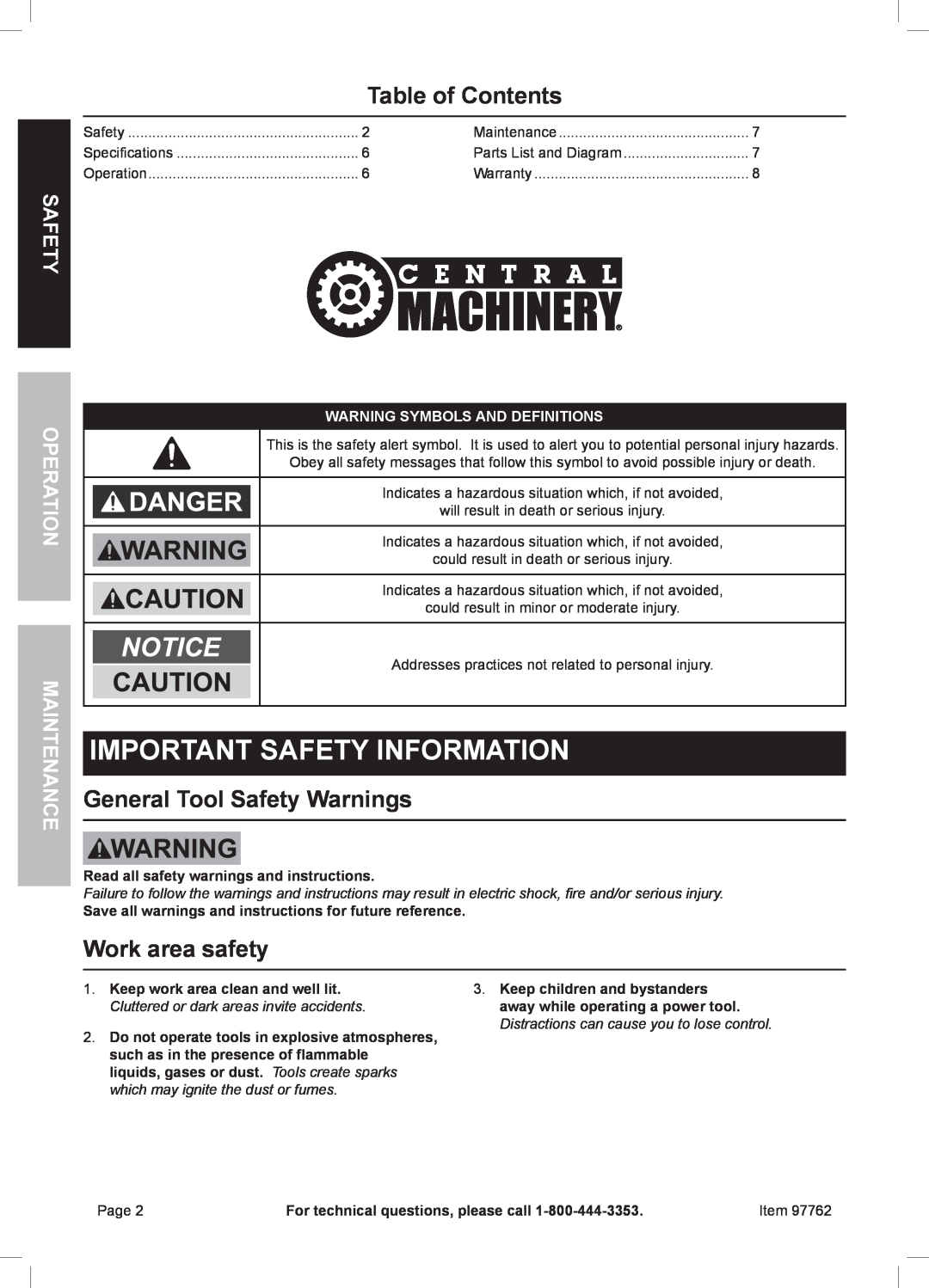 Harbor Freight Tools 97762 manual Table of Contents, General Tool Safety Warnings, Work area safety, Operation Maintenance 