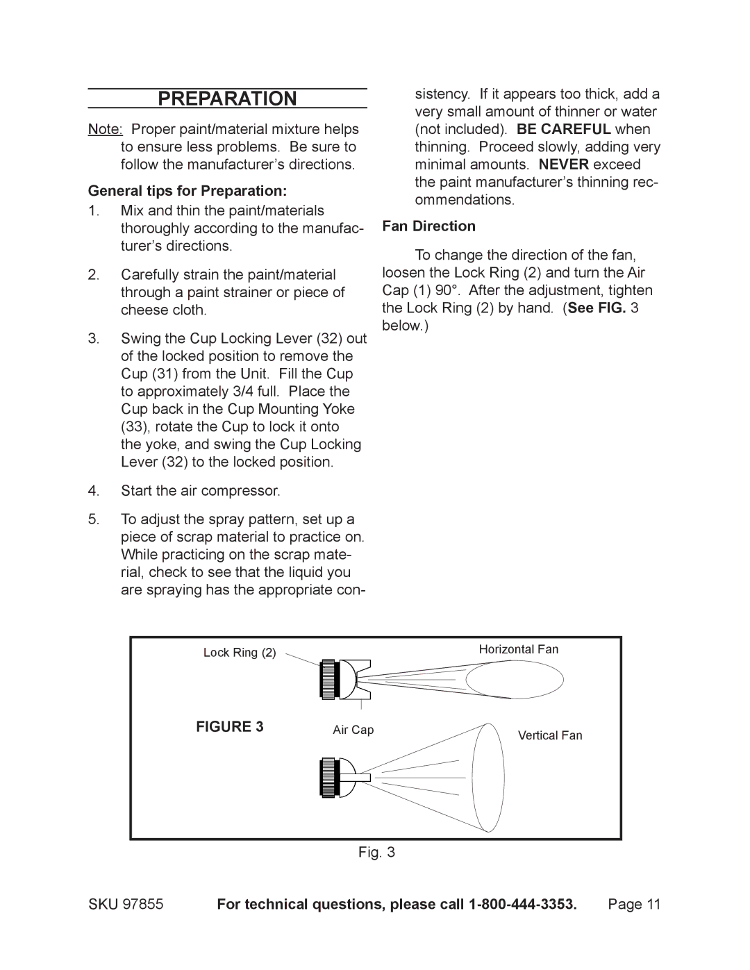 Harbor Freight Tools 97855 General tips for Preparation, Fan Direction, SKU For technical questions, please call 