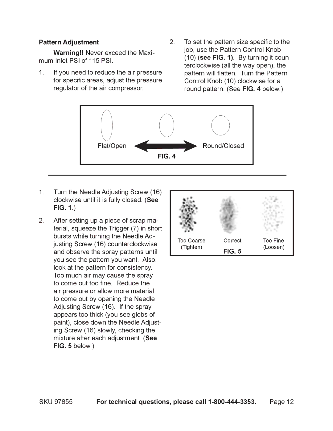 Harbor Freight Tools 97855 operating instructions Pattern Adjustment 