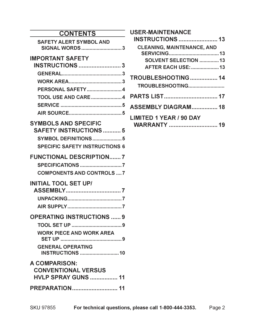 Harbor Freight Tools 97855 operating instructions Contents 