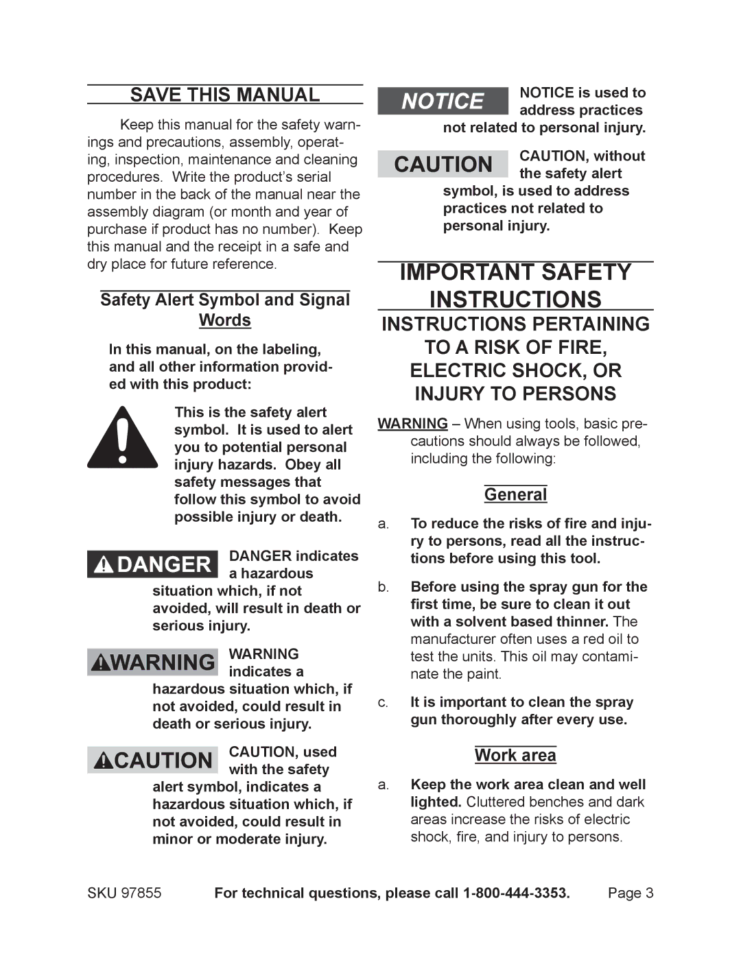 Harbor Freight Tools 97855 Important Safety Instructions, Save this Manual, Safety Alert Symbol and Signal Words, General 