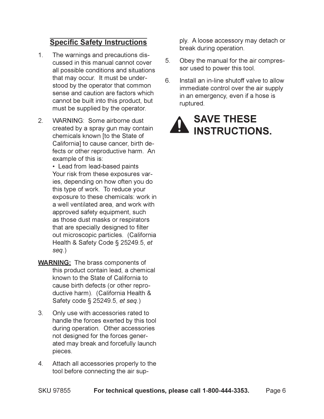 Harbor Freight Tools 97855 operating instructions Save These Instructions, Specific Safety Instructions 