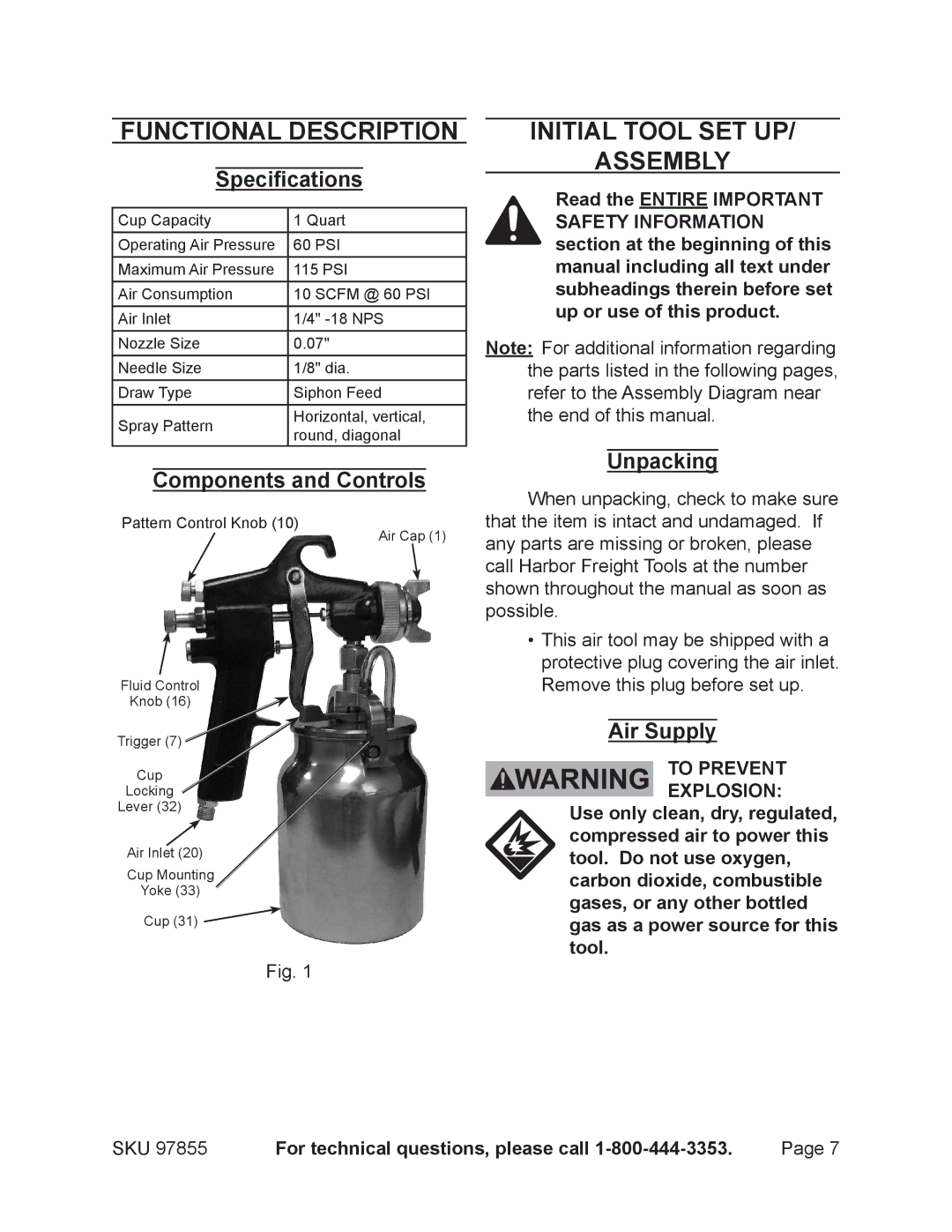 Harbor Freight Tools 97855 operating instructions Functional Description, Initial Tool SET UP Assembly 