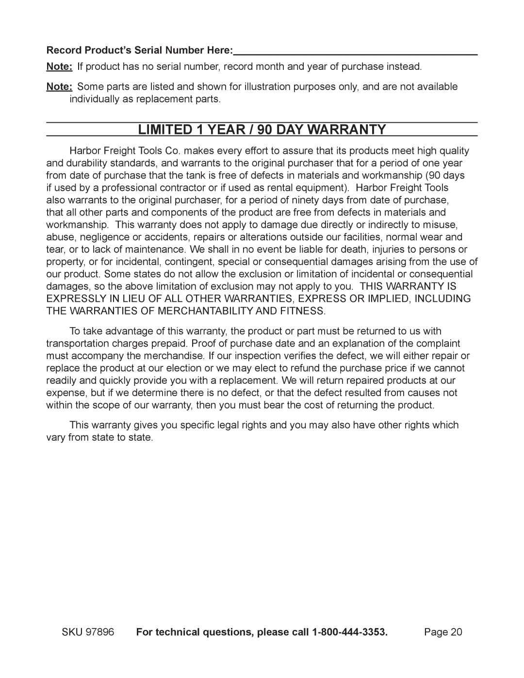 Harbor Freight Tools 97896 operating instructions Limited 1 year / 90 day Warranty, Record Product’s Serial Number Here 