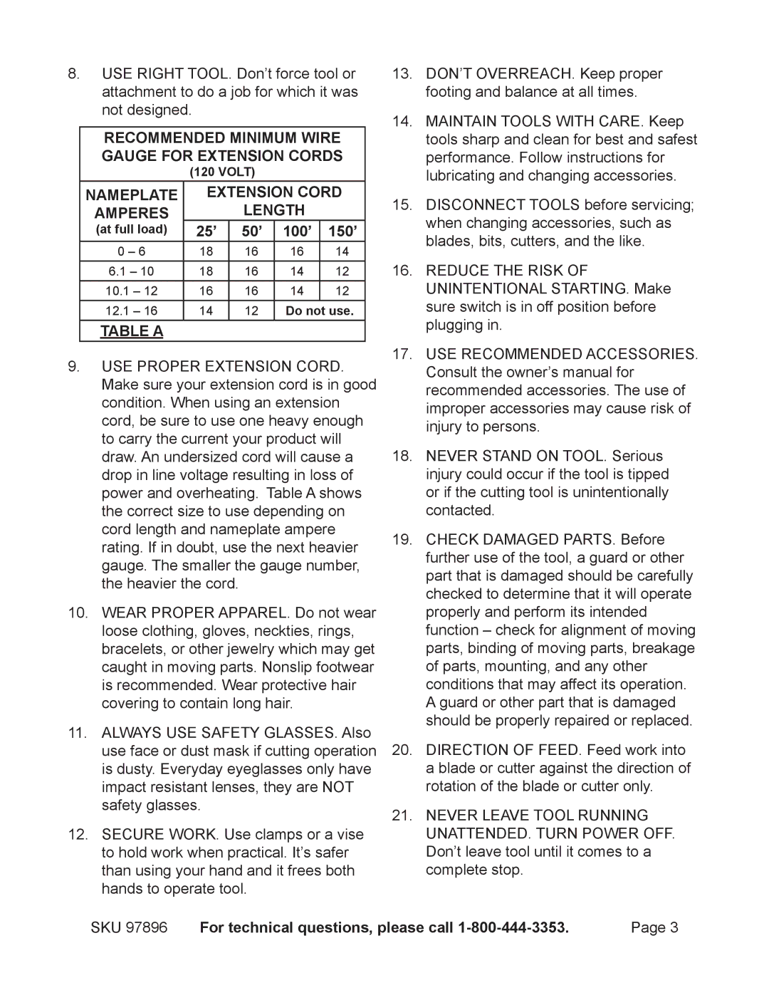 Harbor Freight Tools 97896 operating instructions 25’ 50’ 100’ 150’, Table a 