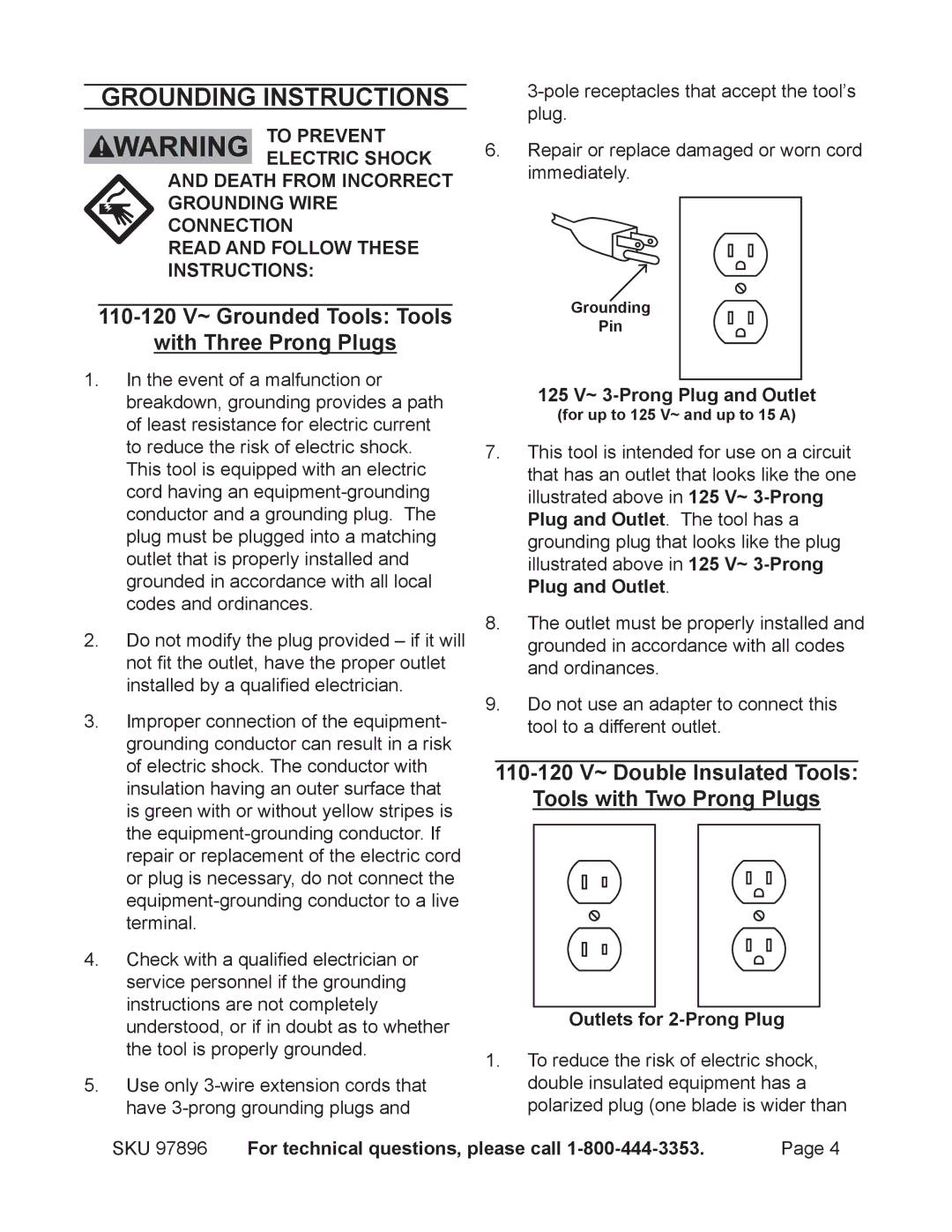 Harbor Freight Tools 97896 Grounding Instructions, 110-120 V~ Grounded Tools Tools With Three Prong Plugs 