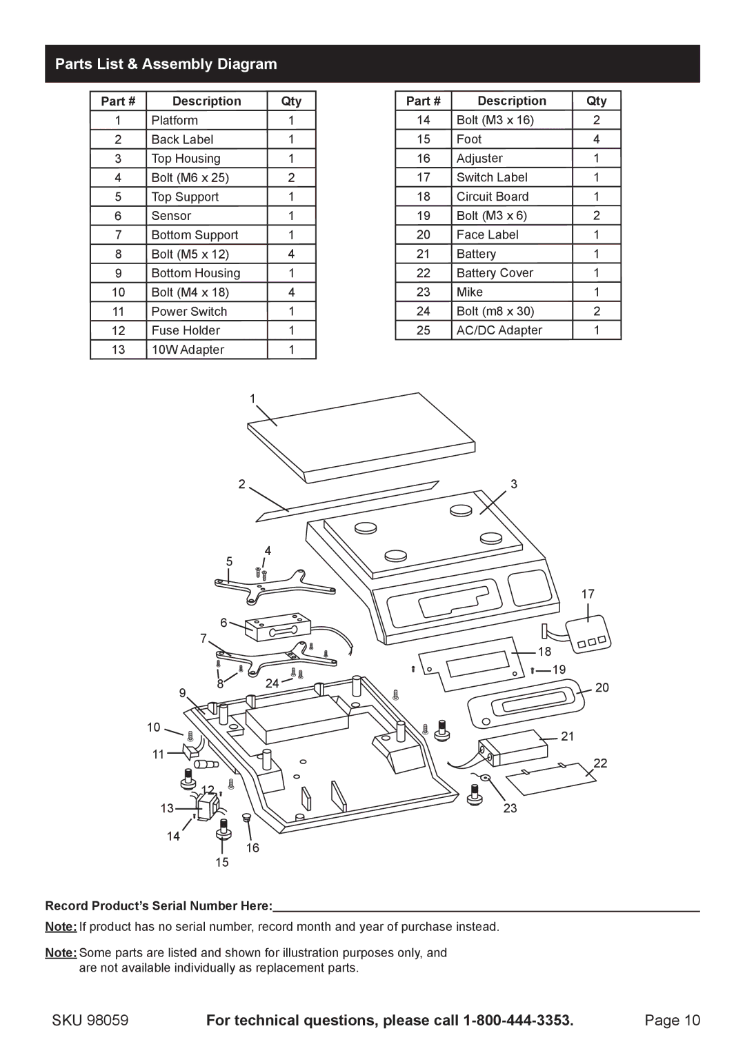 Harbor Freight Tools 98059 manual Parts List & Assembly Diagram, Description Qty, Record Product’s Serial Number Here 