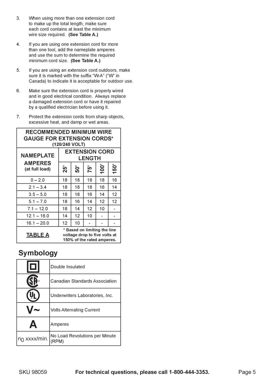 Harbor Freight Tools 98059 manual Symbology, 25’ 50’ 75’ 100’ 150’, 120/240 Volt, At full load 