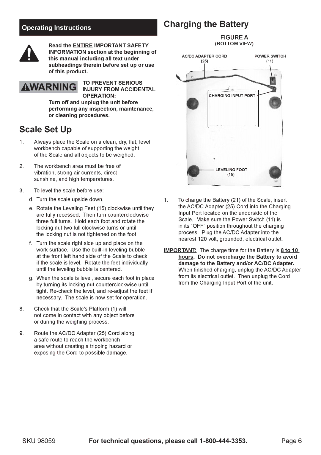 Harbor Freight Tools 98059 manual Scale Set Up, Charging the Battery, Operating Instructions 