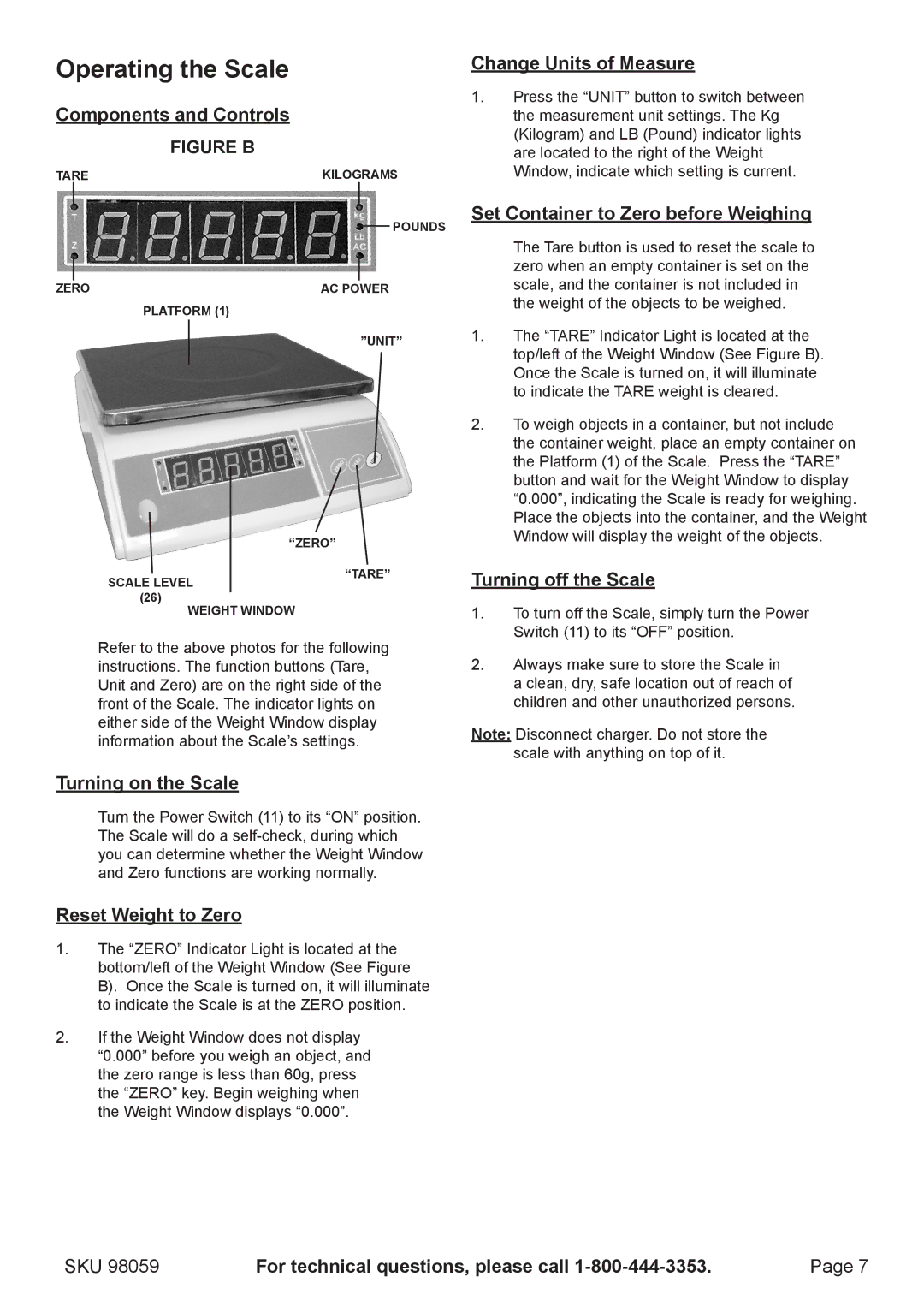 Harbor Freight Tools 98059 manual Operating the Scale 