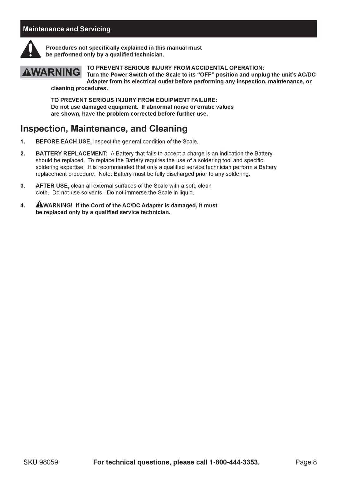 Harbor Freight Tools 98059 manual Inspection, Maintenance, and Cleaning, Maintenance and Servicing 