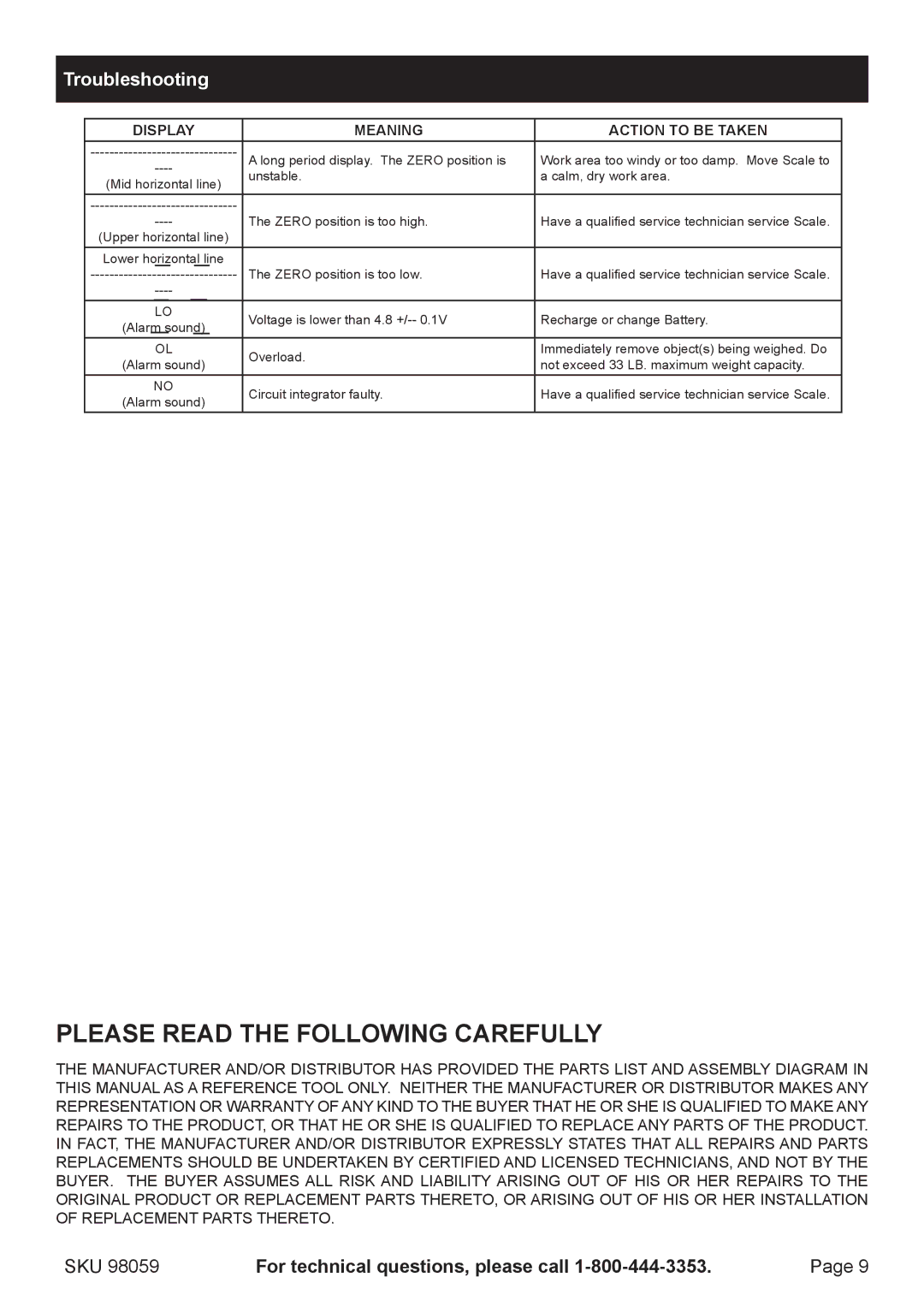 Harbor Freight Tools 98059 manual Troubleshooting, Display Meaning Action to be Taken 