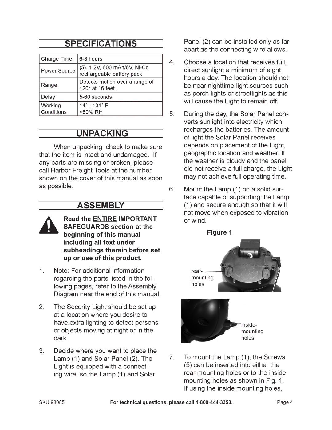 Harbor Freight Tools 98085 manual Specifications, Unpacking, Assembly 