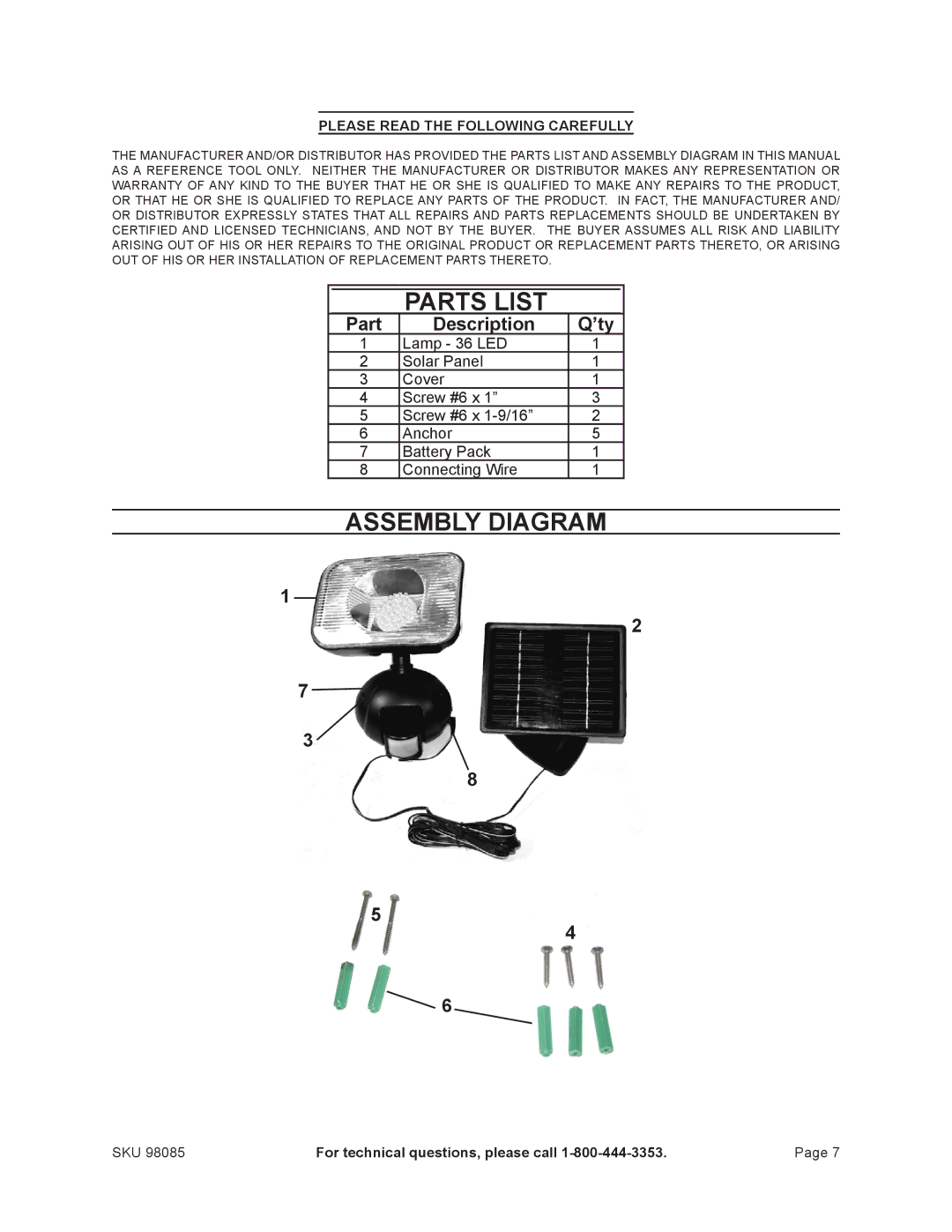 Harbor Freight Tools 98085 manual Parts List, Assembly Diagram, Please Read the Following Carefully 