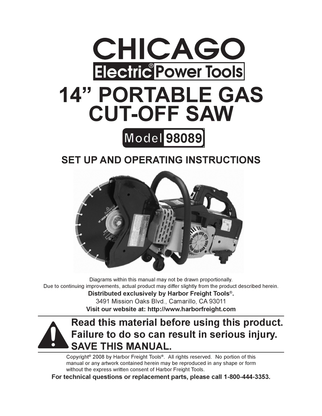 Harbor Freight Tools 98089 operating instructions Distributed exclusively by Harbor Freight Tools 