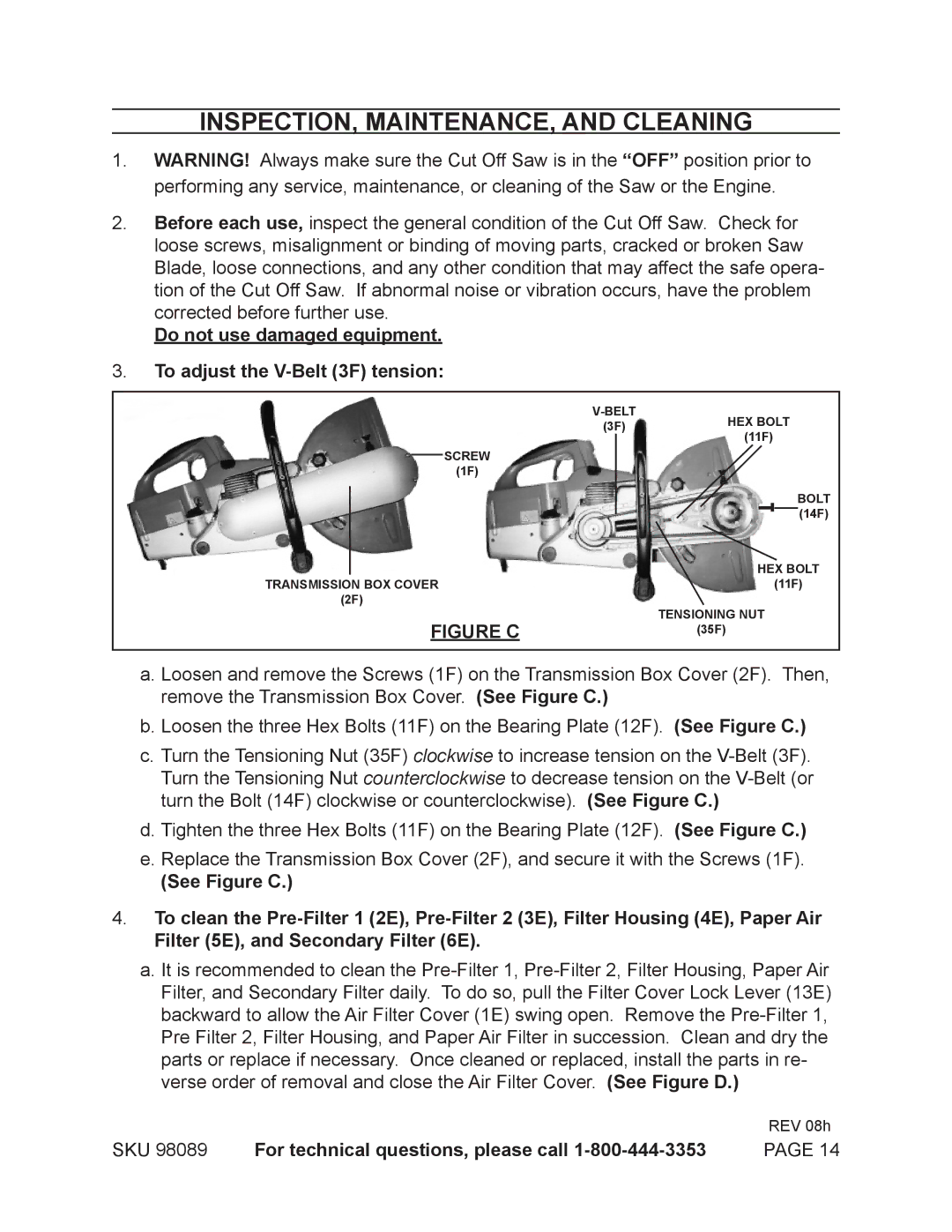 Harbor Freight Tools 98089 operating instructions INSPECTION, MAINTENANCE, and Cleaning 