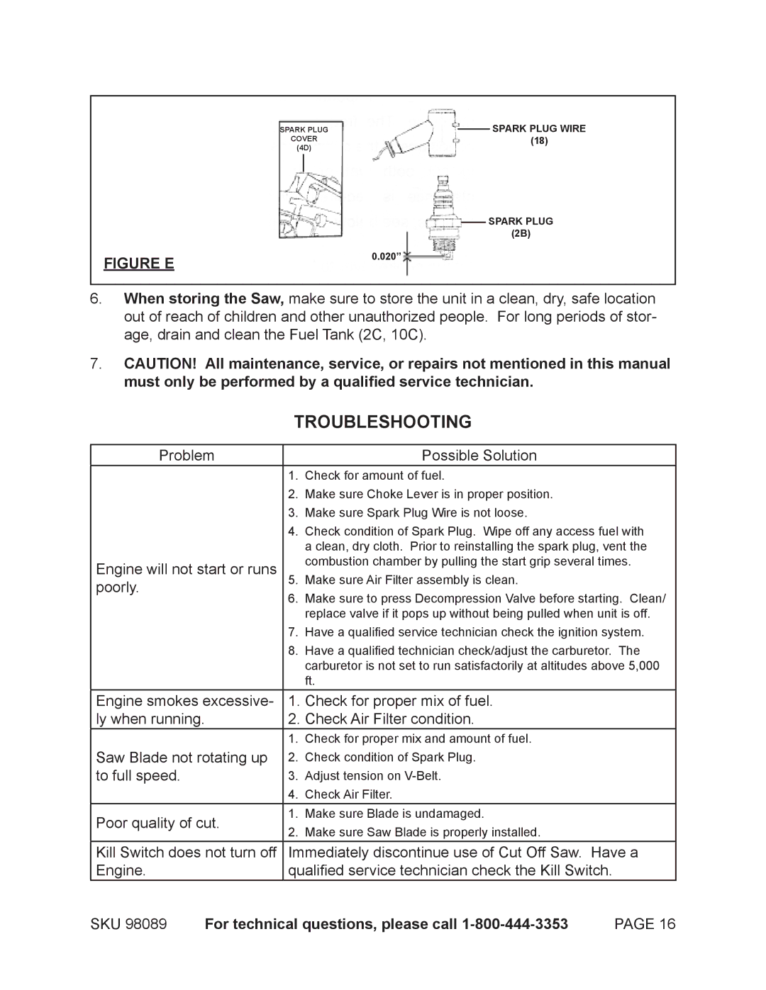 Harbor Freight Tools 98089 operating instructions Troubleshooting, Problem Possible Solution 