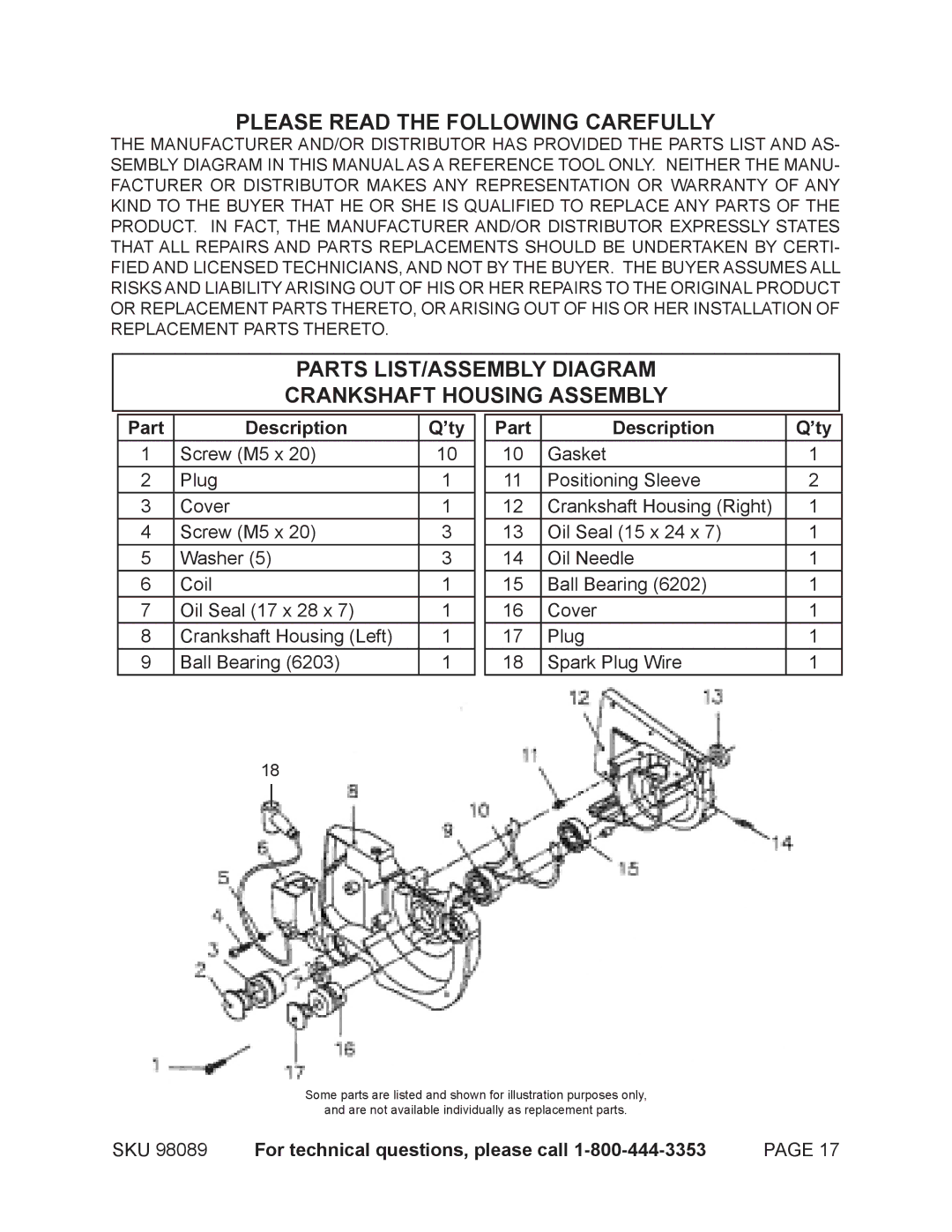 Harbor Freight Tools 98089 Please Read the Following Carefully, Parts LIST/ASSEMBLY Diagram Crankshaft Housing Assembly 