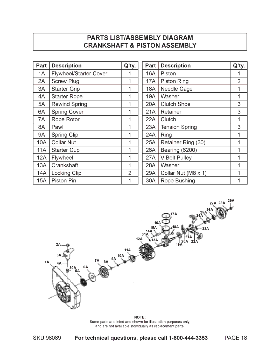 Harbor Freight Tools 98089 operating instructions Parts LIST/ASSEMBLY Diagram Crankshaft & Piston Assembly 