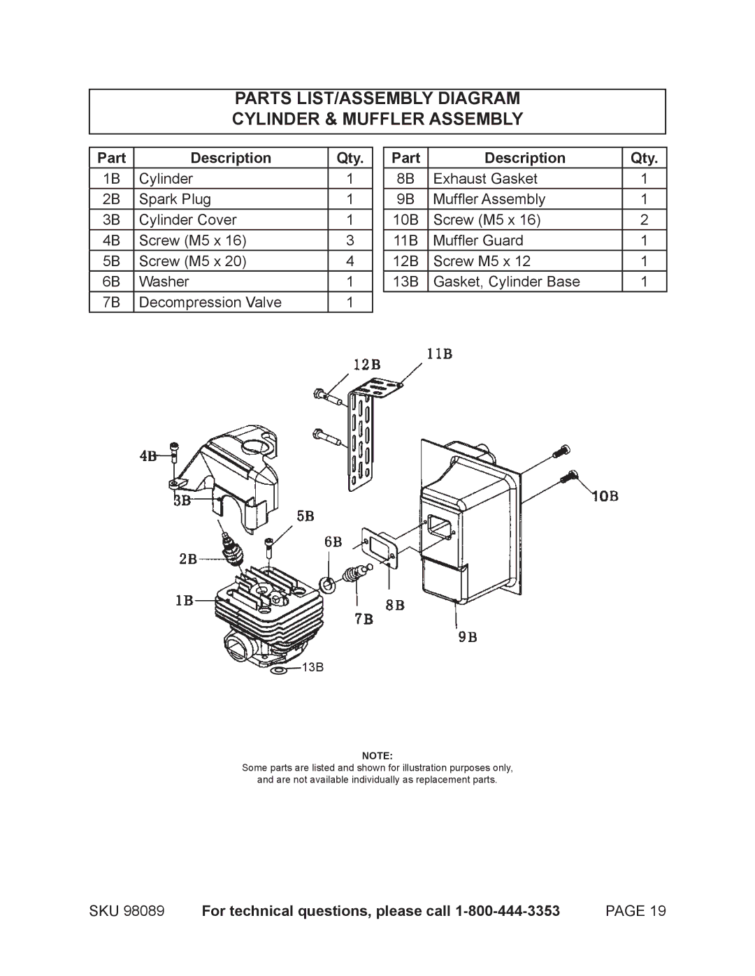 Harbor Freight Tools 98089 Parts LIST/ASSEMBLY Diagram Cylinder & Muffler Assembly, Part Description Qty 