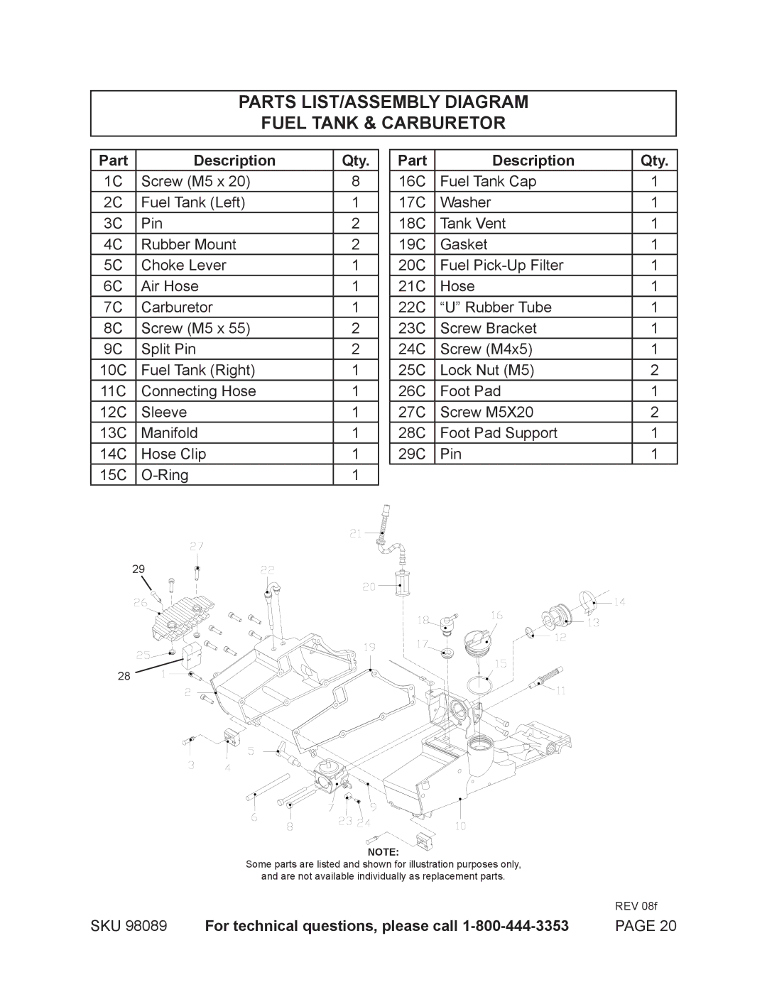 Harbor Freight Tools 98089 operating instructions Parts LIST/ASSEMBLY Diagram Fuel Tank & Carburetor 