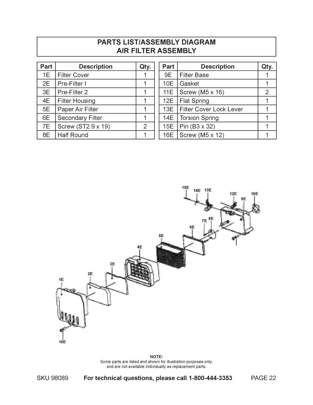 Harbor Freight Tools 98089 Parts LIST/ASSEMBLY Diagram AIR Filter Assembly, 15E 14E 13E 10E 12E 7E 8E 16E 