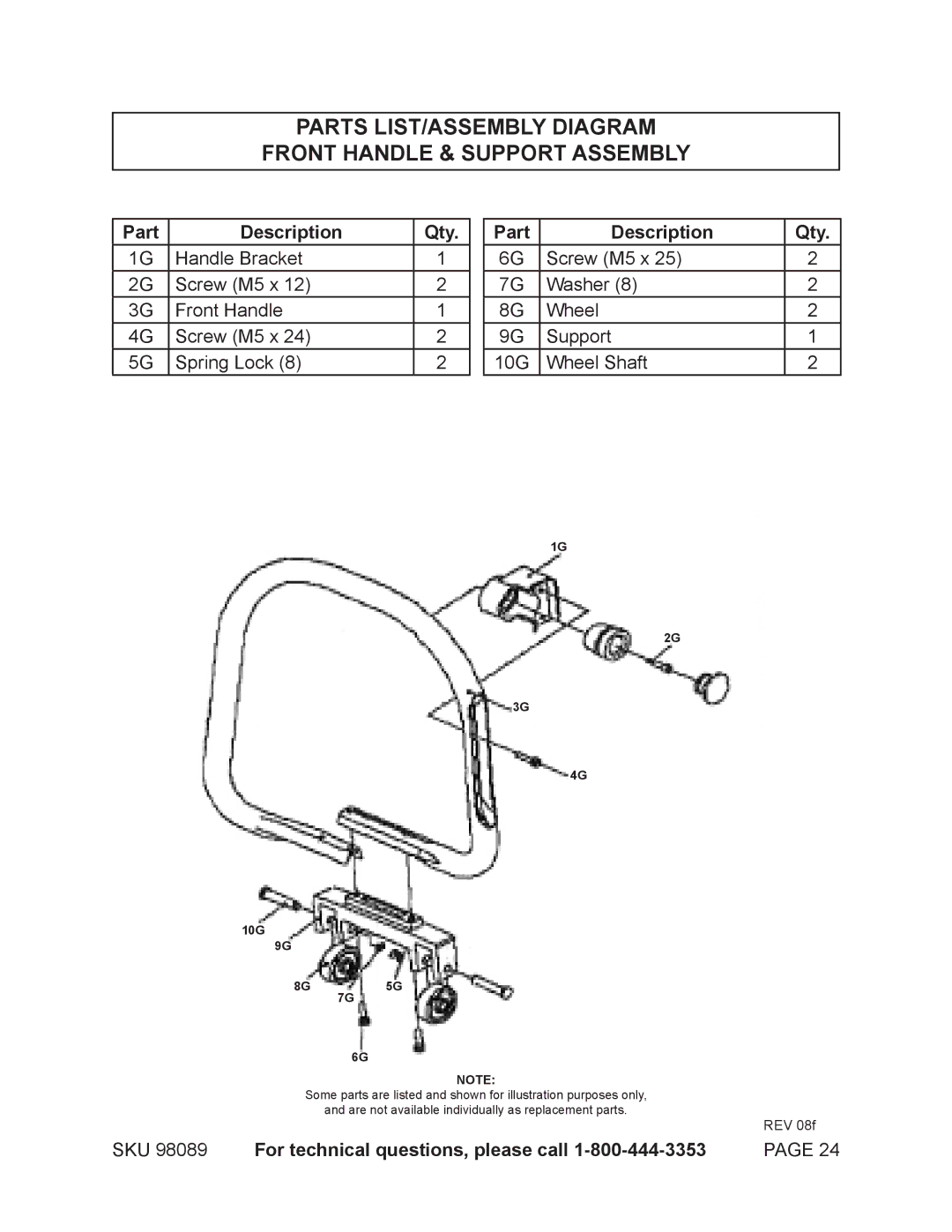 Harbor Freight Tools 98089 operating instructions Parts LIST/ASSEMBLY Diagram Front Handle & Support Assembly 