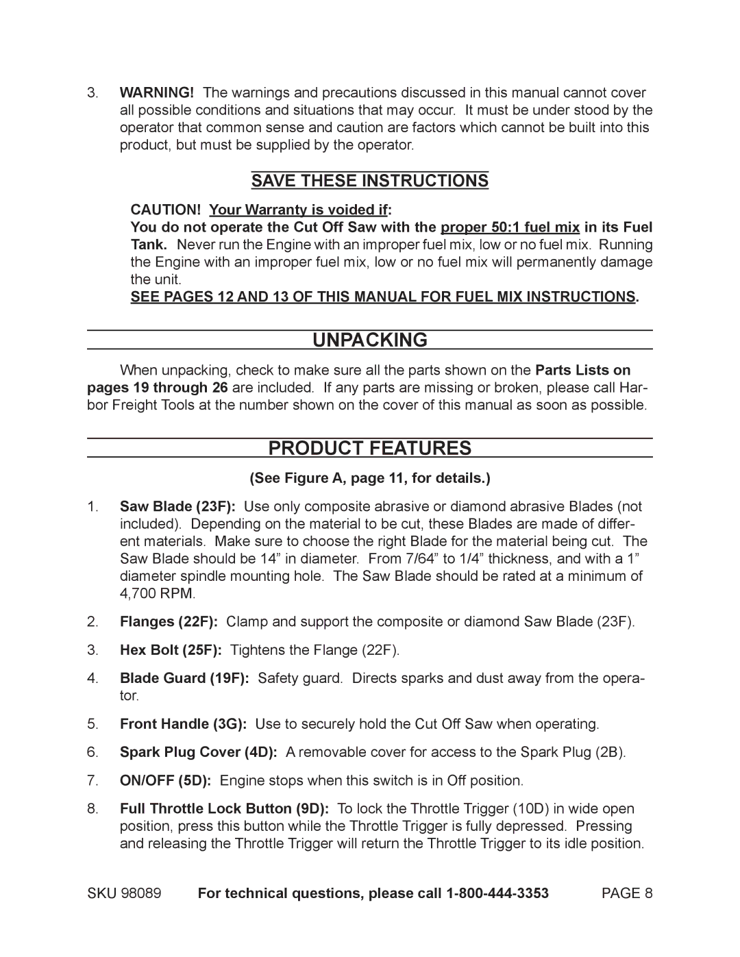 Harbor Freight Tools 98089 operating instructions Unpacking, Product Features, See Figure A, page 11, for details 