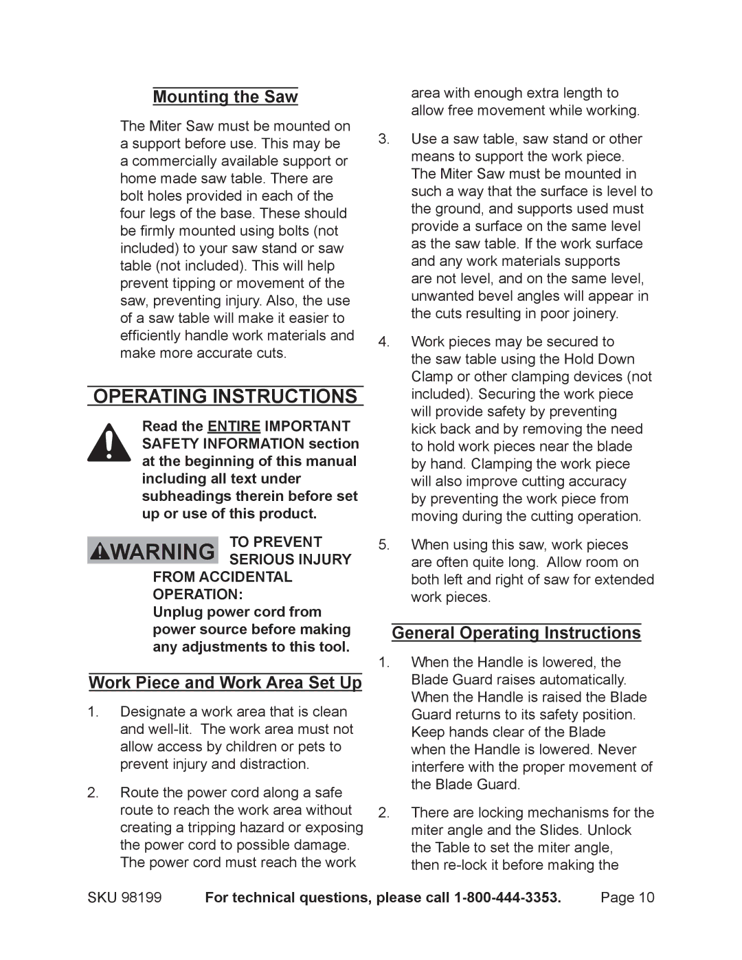 Harbor Freight Tools 98199 operating instructions Operating Instructions, Mounting the Saw, Work Piece and Work Area Set Up 