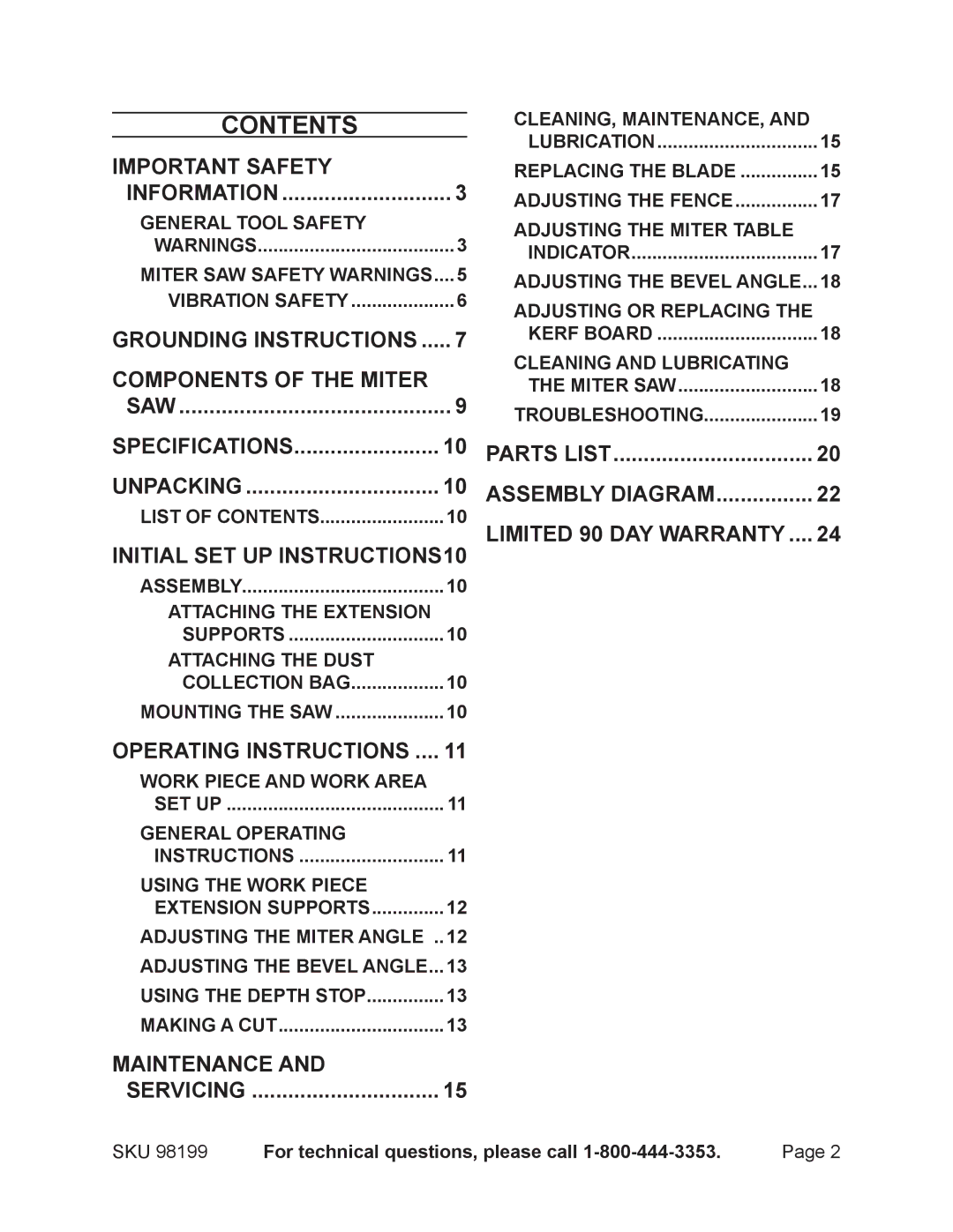 Harbor Freight Tools 98199 operating instructions Contents 