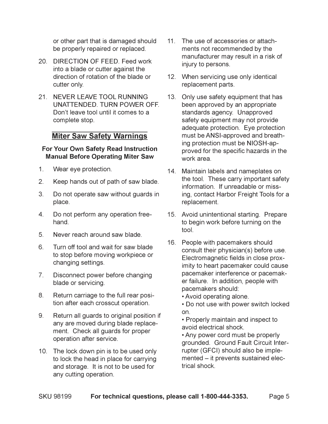 Harbor Freight Tools 98199 operating instructions Miter Saw Safety Warnings 