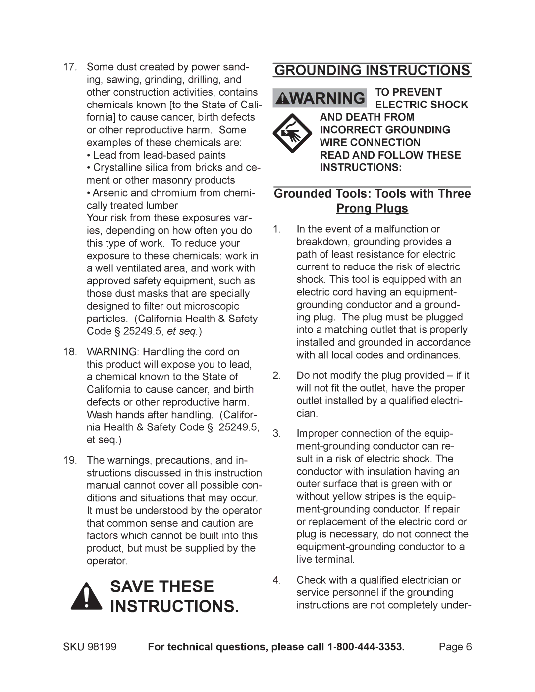 Harbor Freight Tools 98199 operating instructions Grounding Instructions, Grounded Tools Tools with Three Prong Plugs 