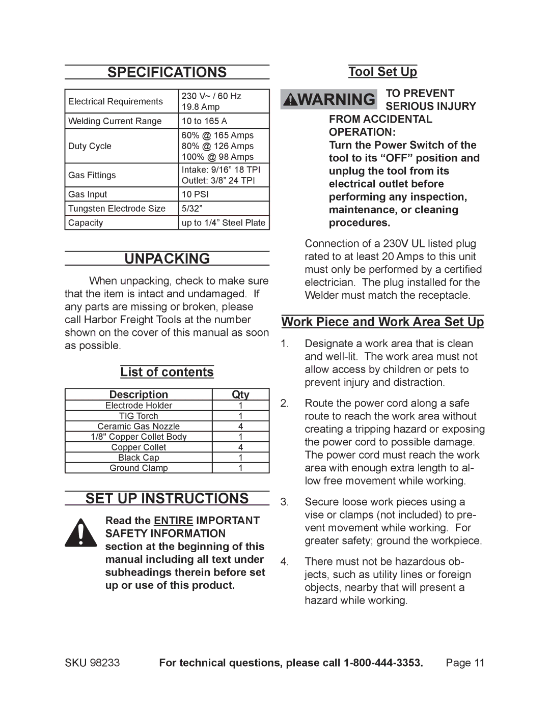 Harbor Freight Tools 98233 operating instructions Specifications, Unpacking, Set up Instructions, List of contents 