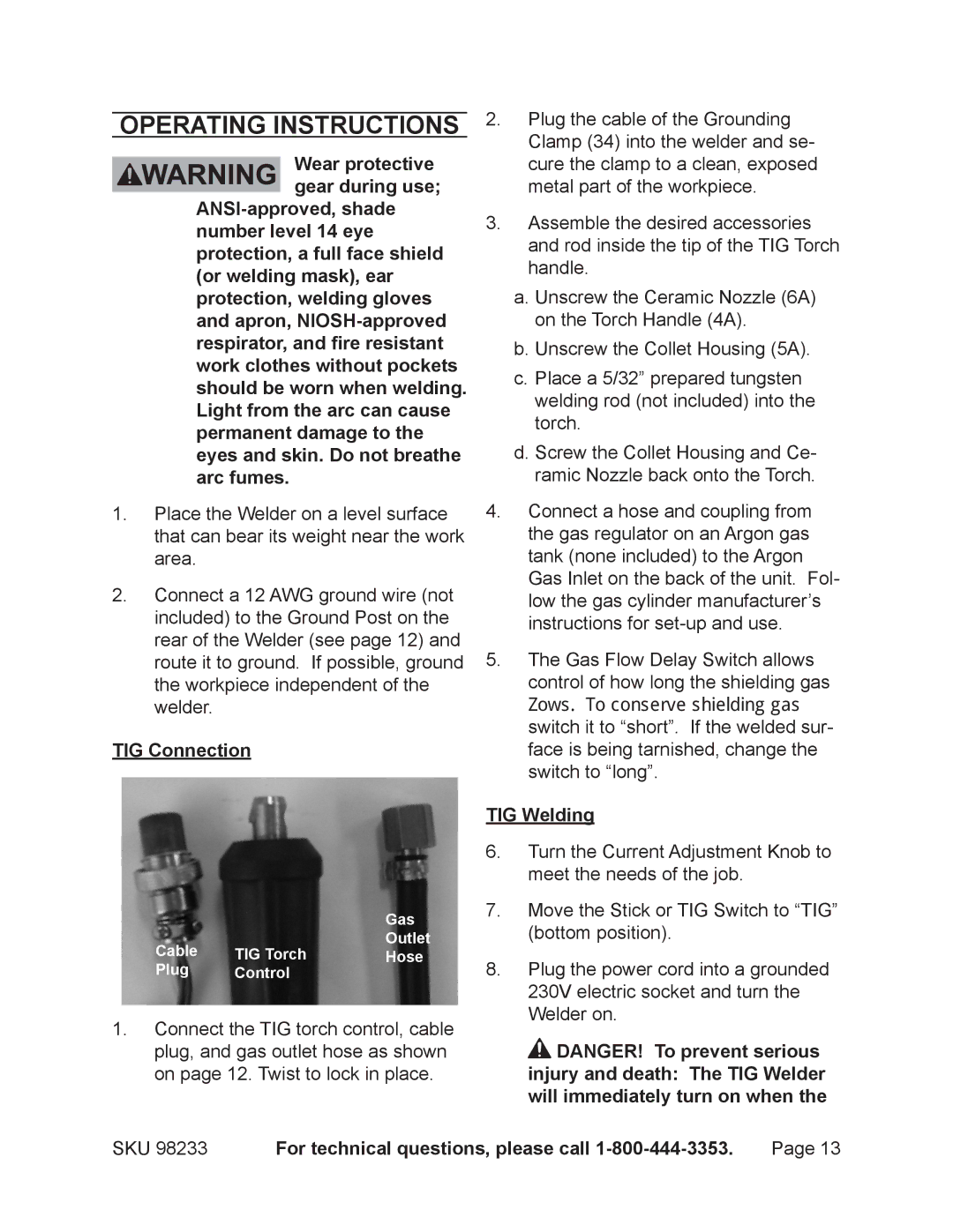 Harbor Freight Tools 98233 operating instructions Operating Instructions, TIG Connection, TIG Welding 