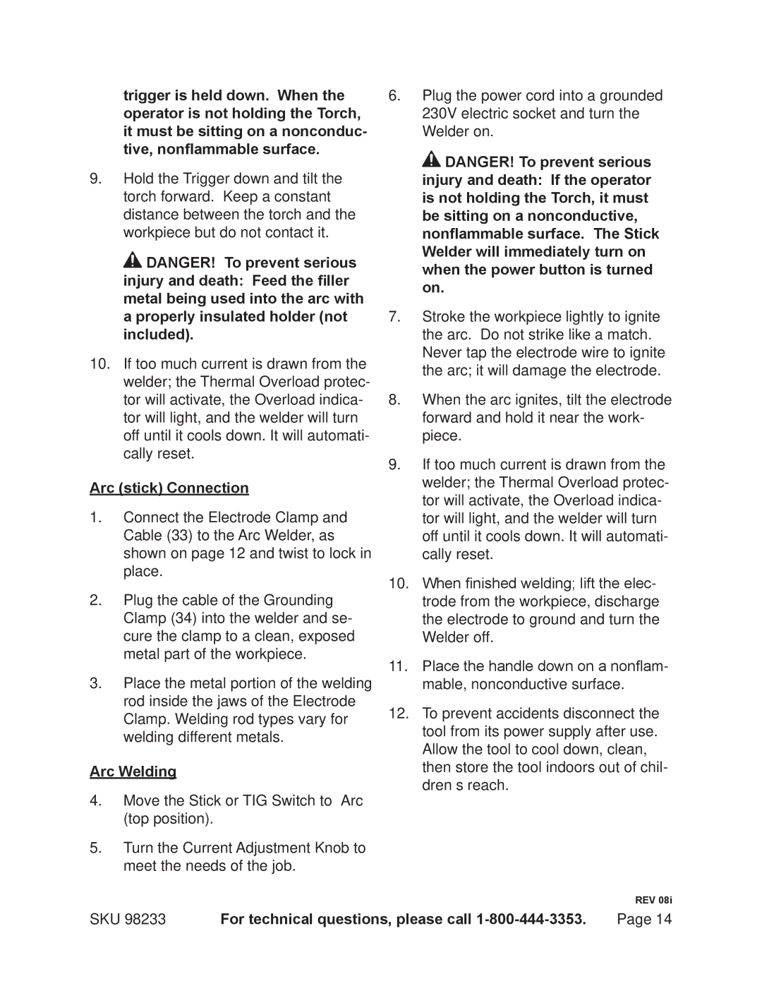 Harbor Freight Tools 98233 operating instructions Arc stick Connection, Arc Welding 