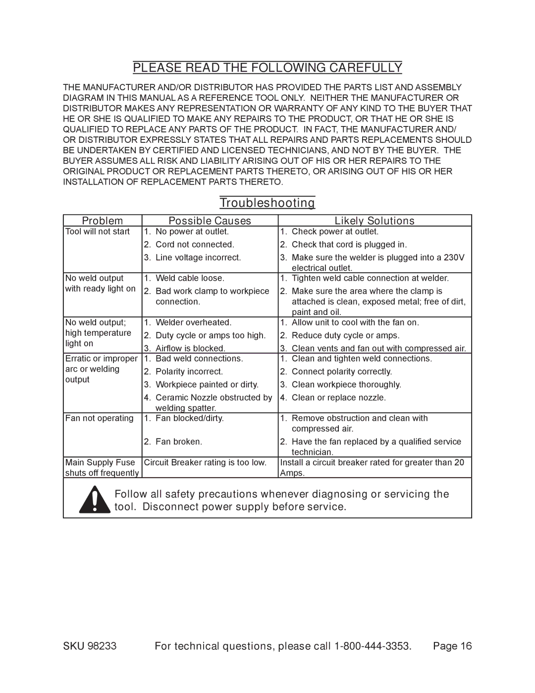 Harbor Freight Tools 98233 operating instructions Troubleshooting, Problem Possible Causes Likely Solutions 