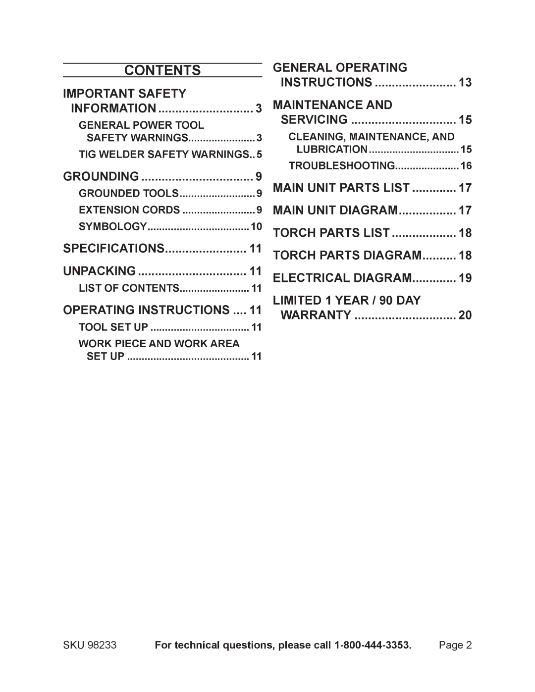 Harbor Freight Tools 98233 operating instructions Contents 