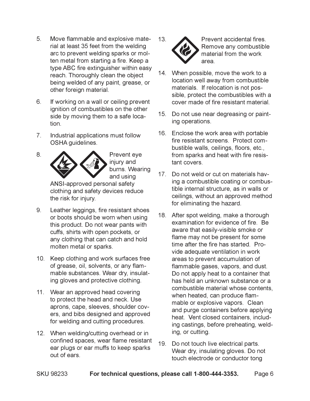 Harbor Freight Tools 98233 operating instructions For technical questions, please call 