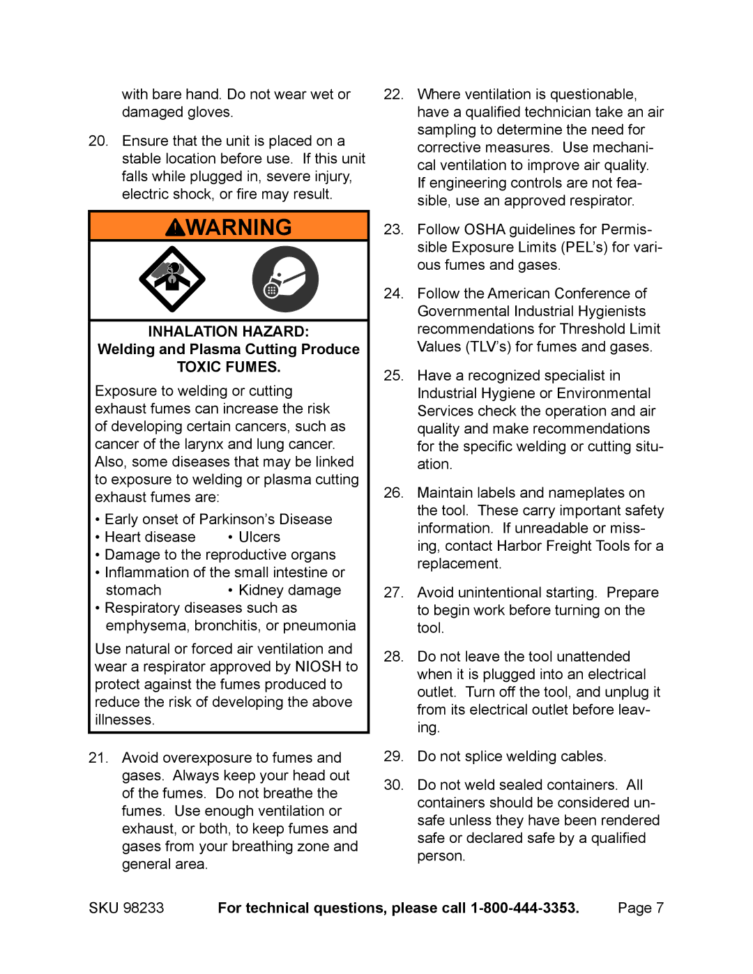 Harbor Freight Tools 98233 operating instructions For technical questions, please call 