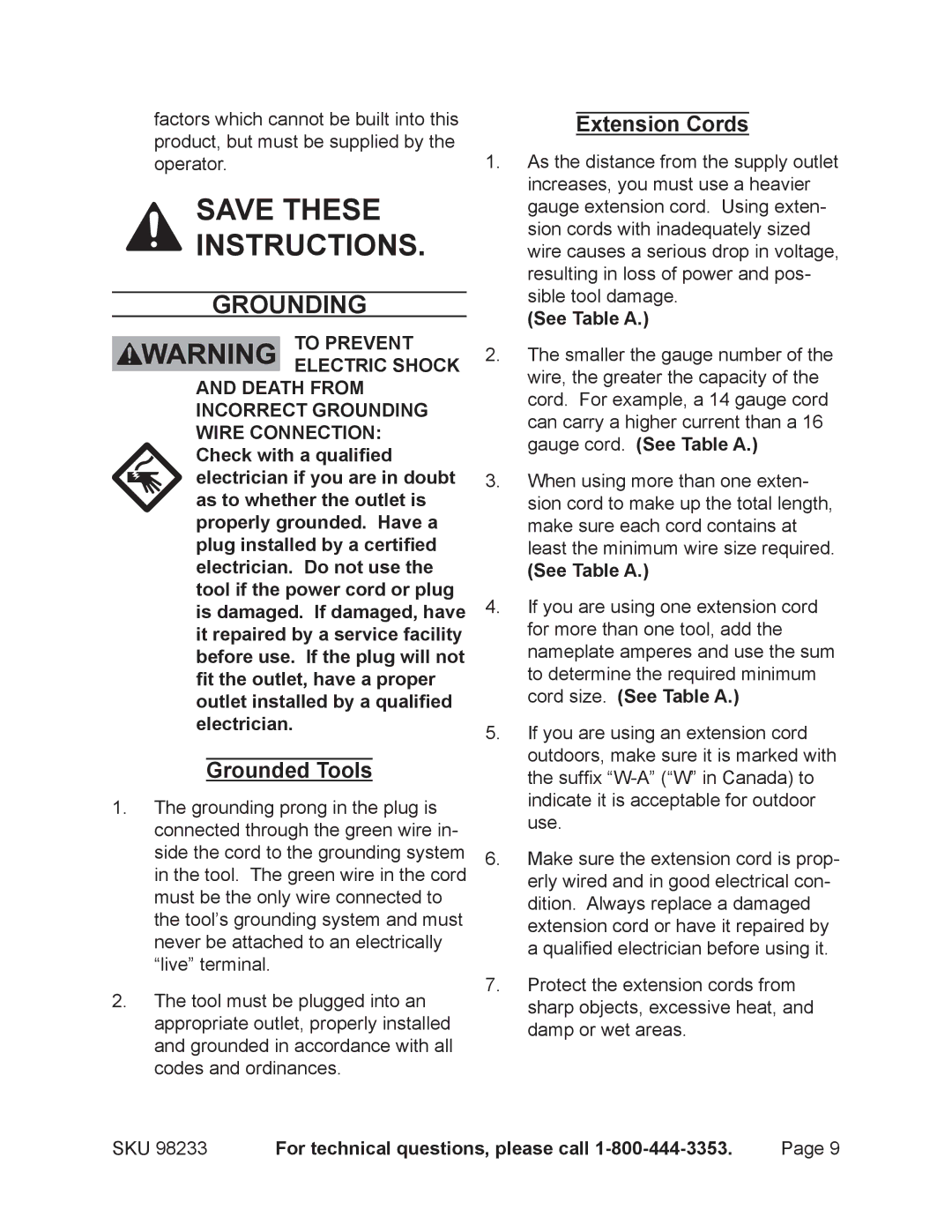 Harbor Freight Tools 98233 operating instructions Grounding, Grounded Tools, Extension Cords, See Table a 