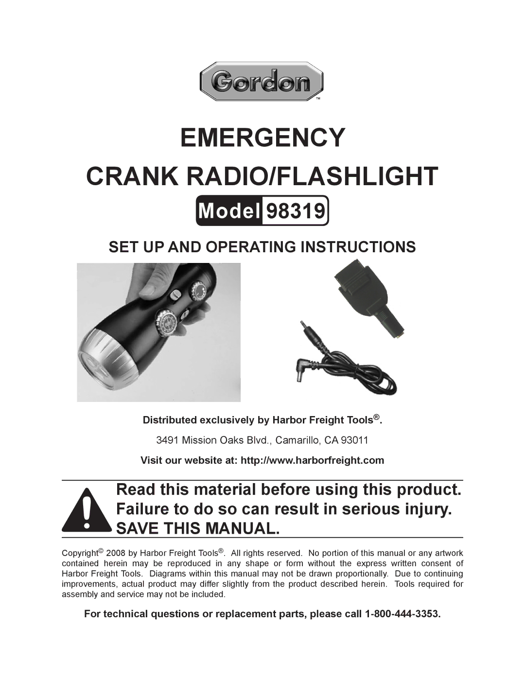 Harbor Freight Tools 98319 manual Emergency Crank RADIO/FLASHLIGHT 