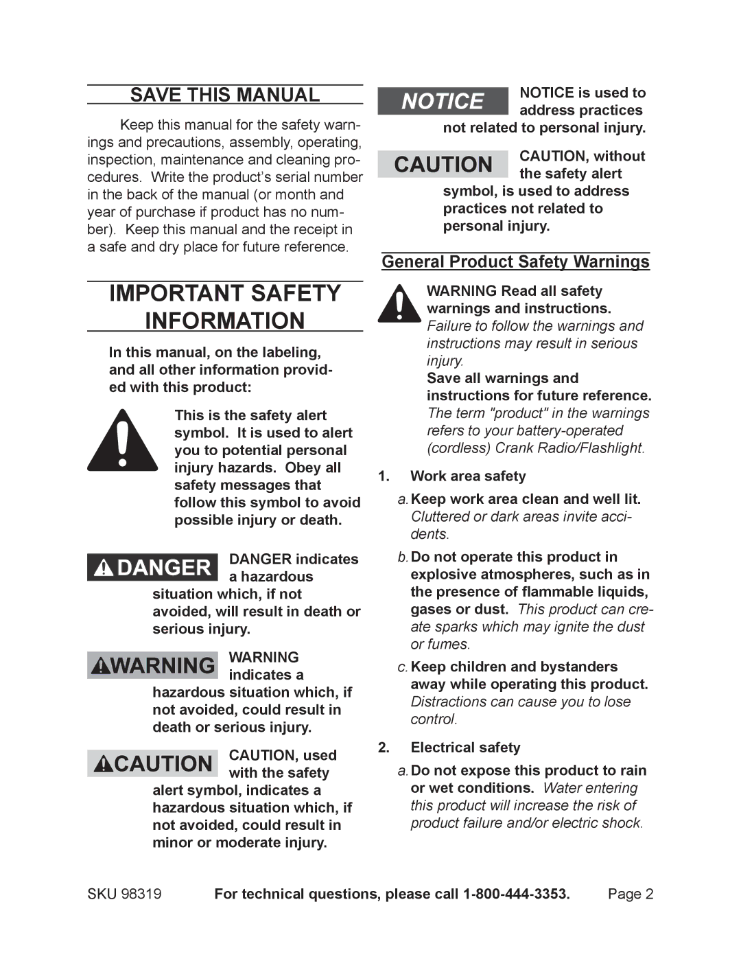 Harbor Freight Tools 98319 manual Save This Manual, General Product Safety Warnings 