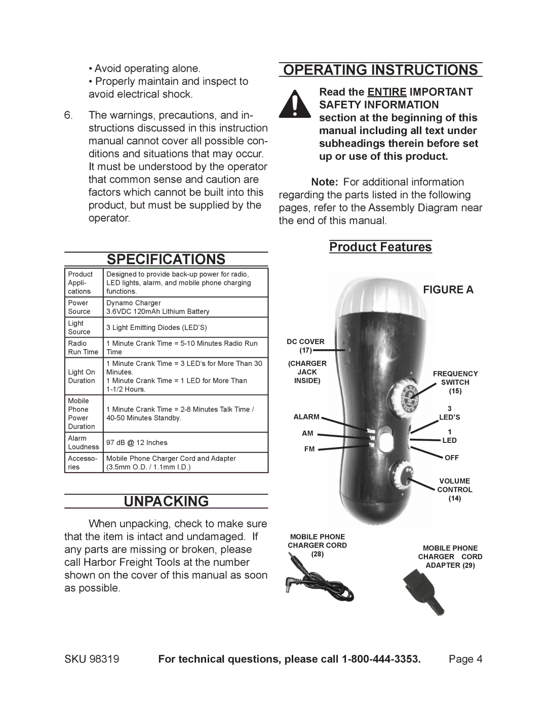 Harbor Freight Tools 98319 manual Operating Instructions, Specifications, Unpacking, Product Features 