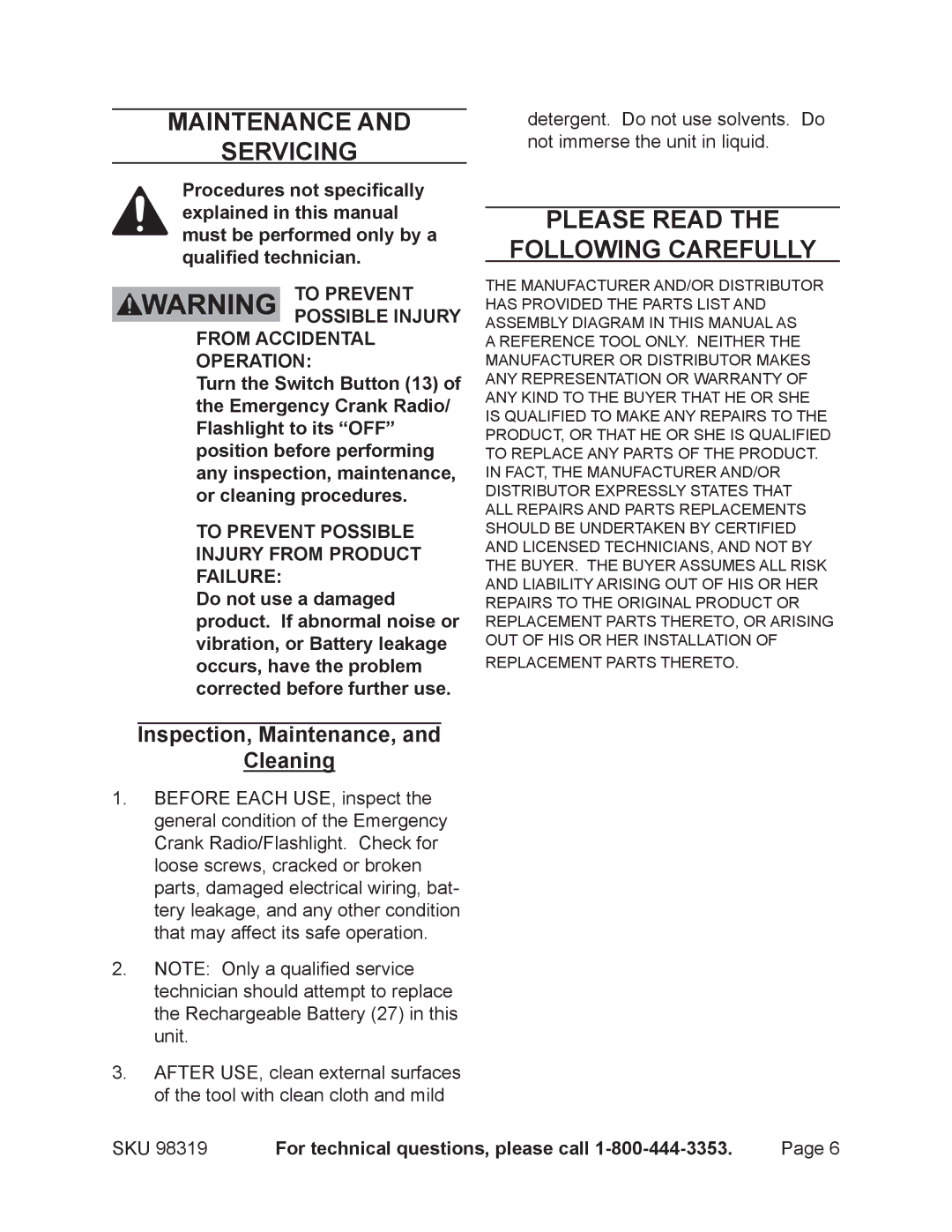 Harbor Freight Tools 98319 manual Maintenance Servicing, Please Read Following Carefully, Inspection, Maintenance, Cleaning 