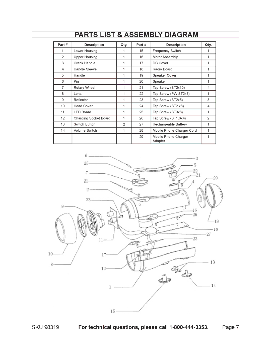 Harbor Freight Tools 98319 manual Parts List & Assembly Diagram, Description Qty 