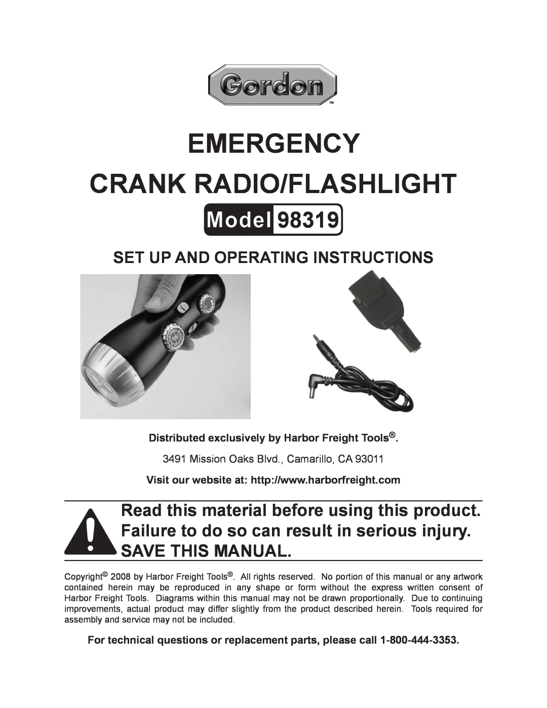 Harbor Freight Tools 98319 manual Distributed exclusively by Harbor Freight Tools, Emergency Crank Radio/Flashlight 